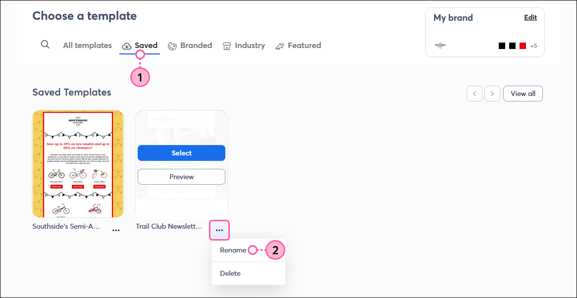 Choose a template page with Saved tab selected, Saved templates with template thumbnail and menu expanded with Rename option selected