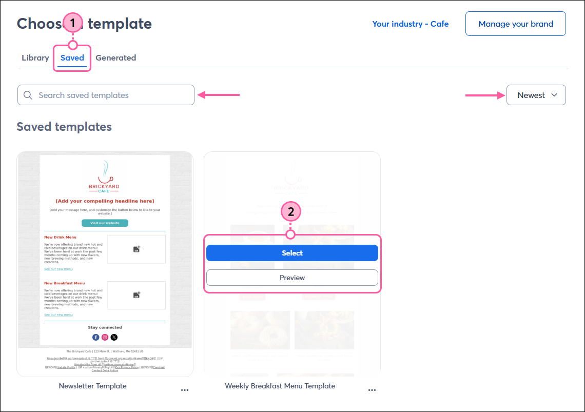 Template picker with Saved tab selected and Preview and Select buttons