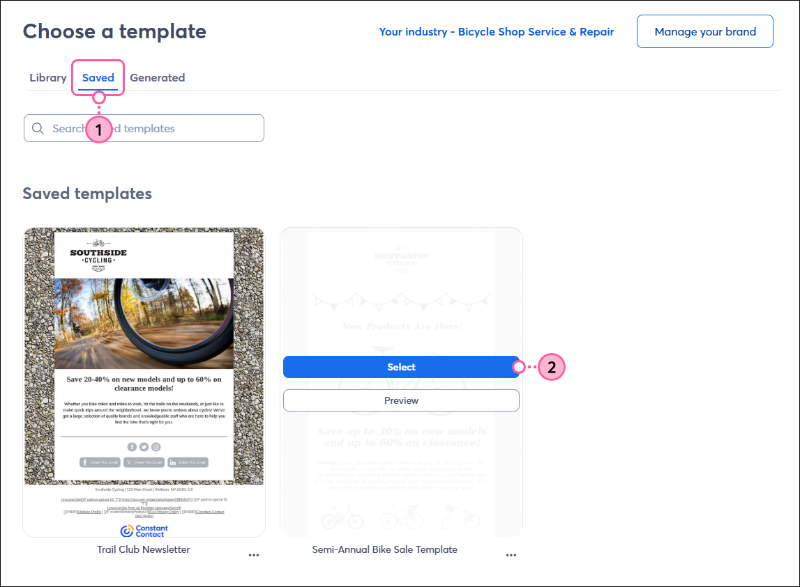 Choose a template page with Saved tab selected, Saved templates with template thumbnail and template options with Select button