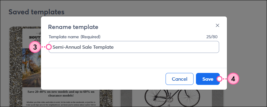 Rename template overlay with Template name field and Save button