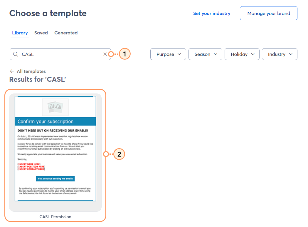 Choose a template page with Search field and CASL keyword, search results with template thumbnails