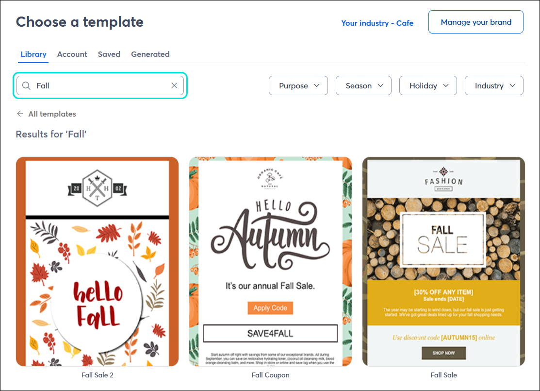 Template picker, Search field with "Fall" keyword, and Results for 'Fall' with Fall Sale 2 template