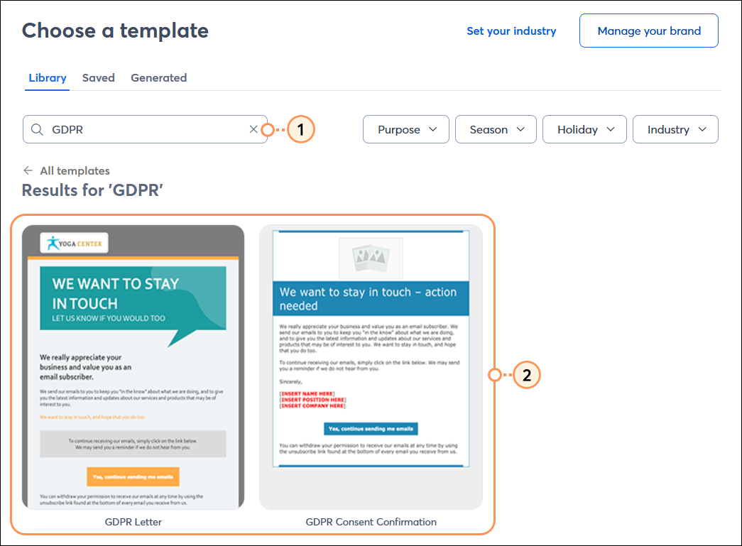 Choose a template page with Search field and GDPR keyword, search results with template thumbnails