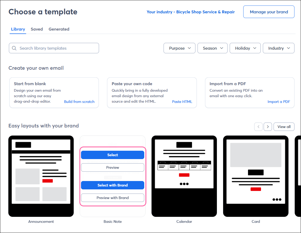 Choose a template page, Branded template section with Select, preview, Select with Brand, and Preview with Brand options visible