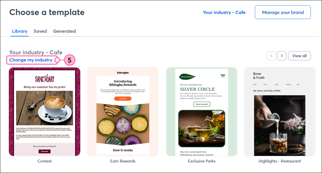 Template picker with Industry templates and Change My industry link