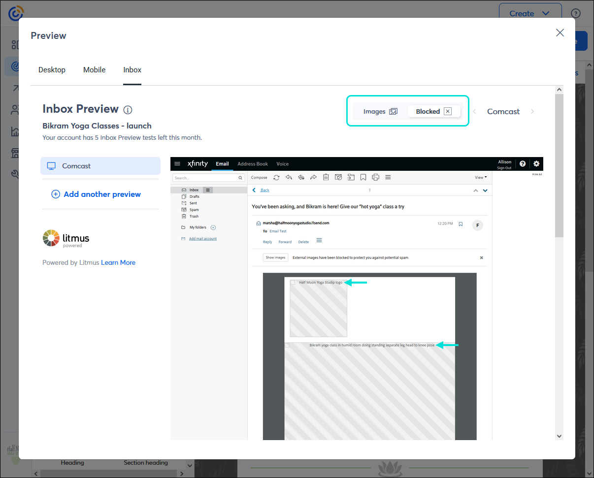 Inbox Preview of Comcast desktop app with Blocked option selected and email preview displaying image placeholders and alt-text in place of the images