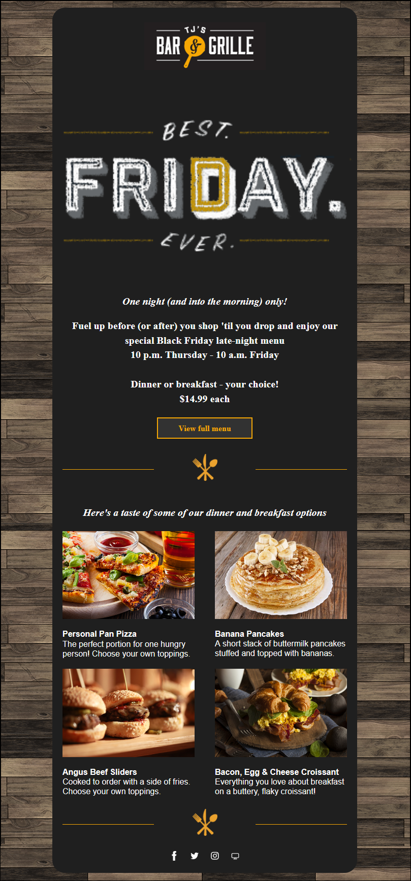 Black Friday Email Example with Special Menu