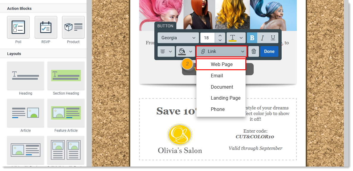 E-Mail-Editor Schaltfläche Build (Erstellen) mit aufgeklappter Button-Symbolleiste (für Schaltflächen), Dropdown-Menü Link aufgeklappt und Option Web Page (Webseite) ausgewählt