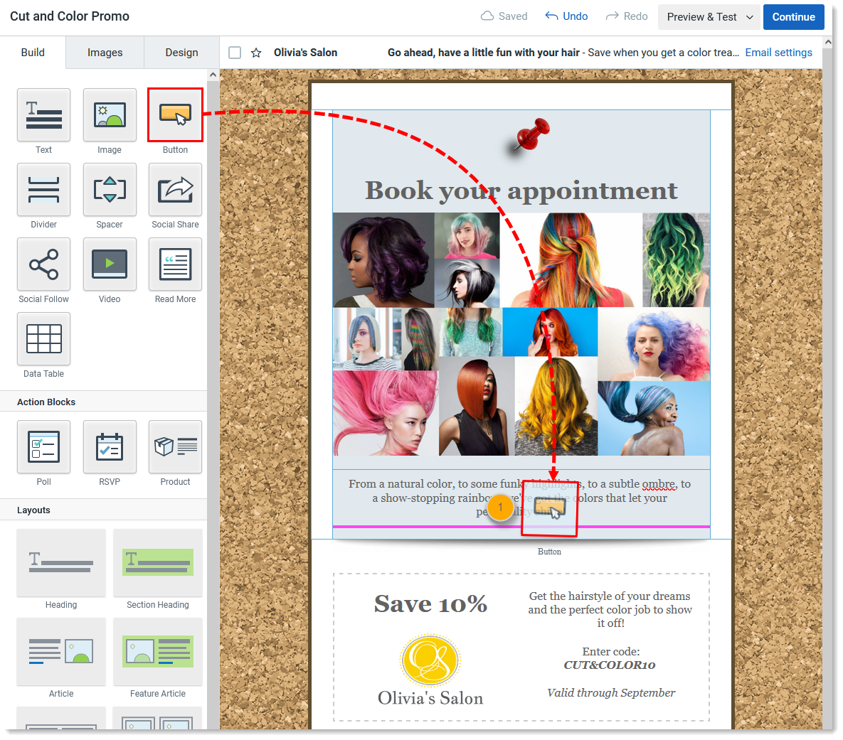 E-Mail-Editor Registerkarte Build (Erstellen), ziehen Sie den Block Button (Schaltfläche) per Drag & Drop in die Vorlage mit sichtbarer Hilfslinie