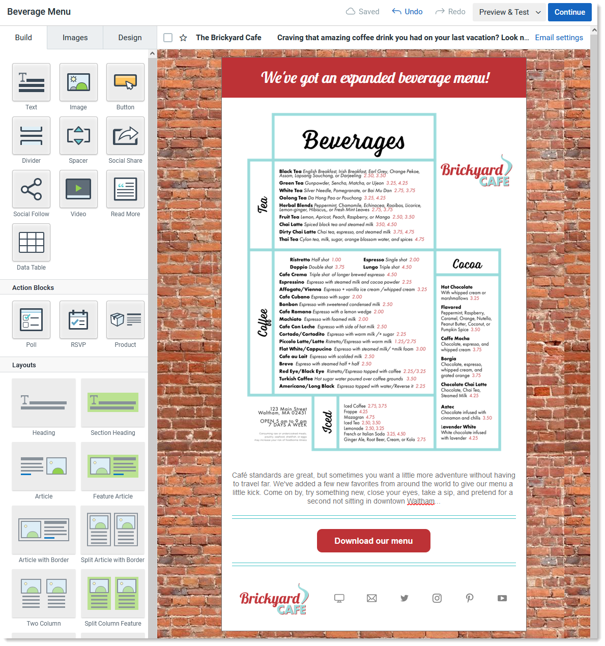 Email template in email editor with background image, document thumbnail, logo, and call-to-action button