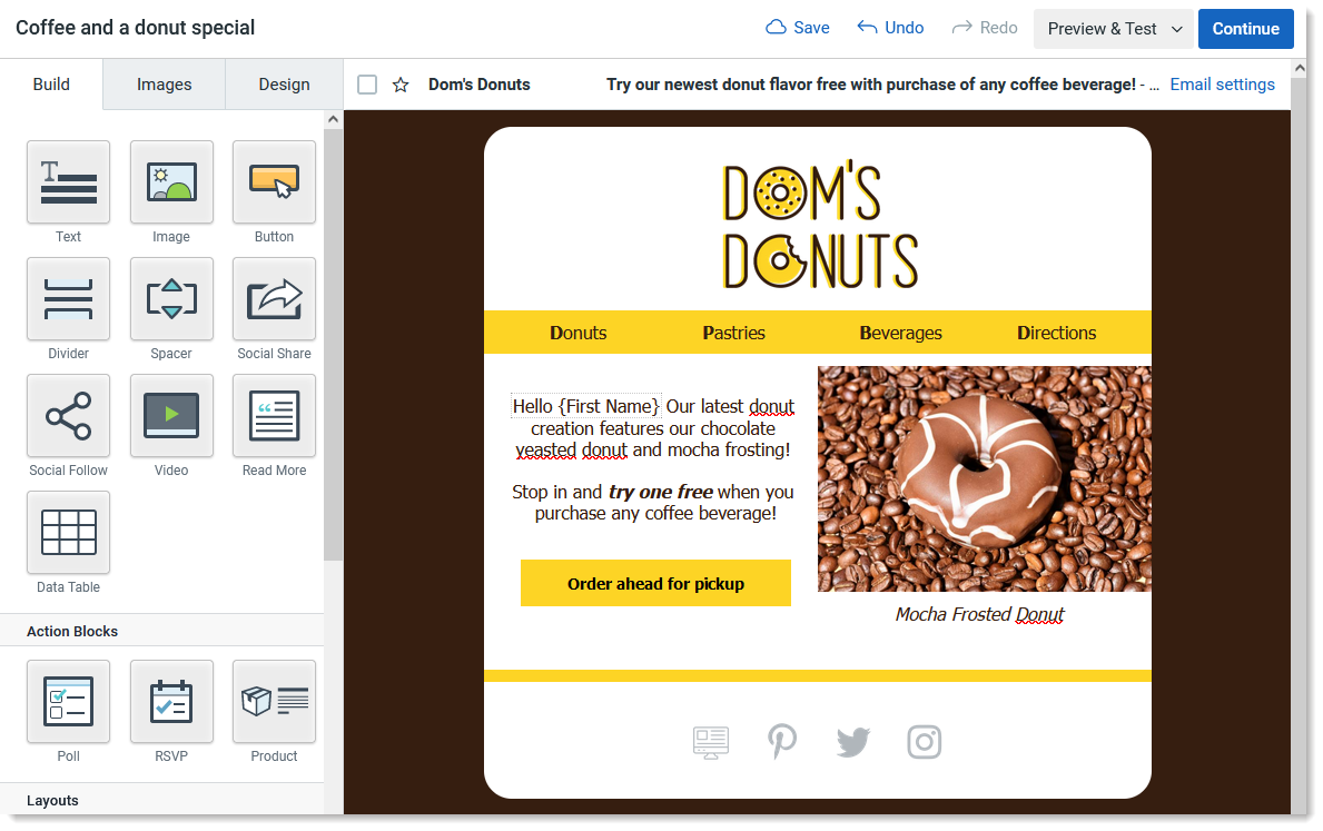 Email template in email editor, image with caption and good text-to-image ratio