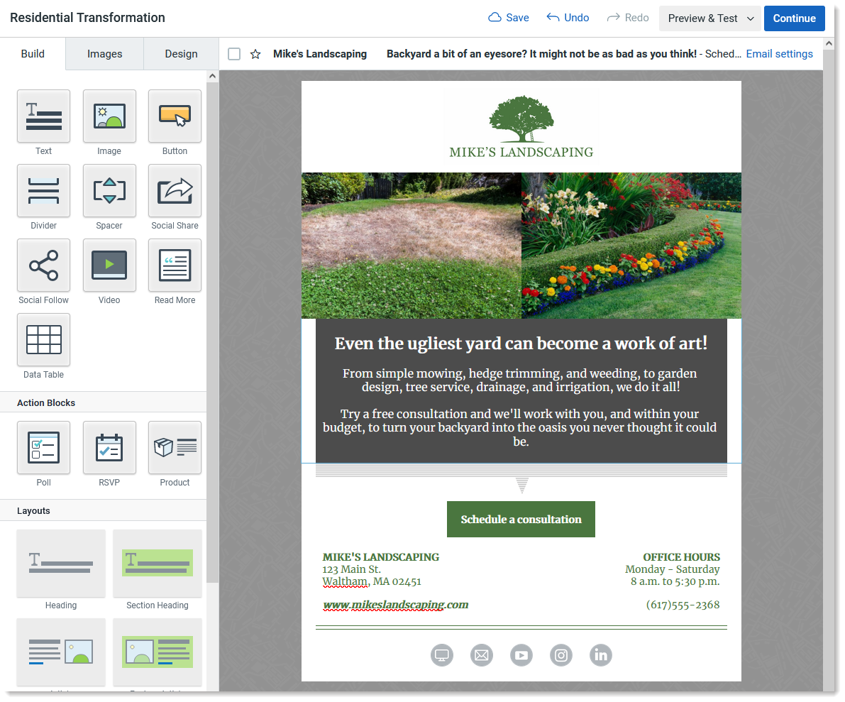 Email template in email editor with, dual column images and logo