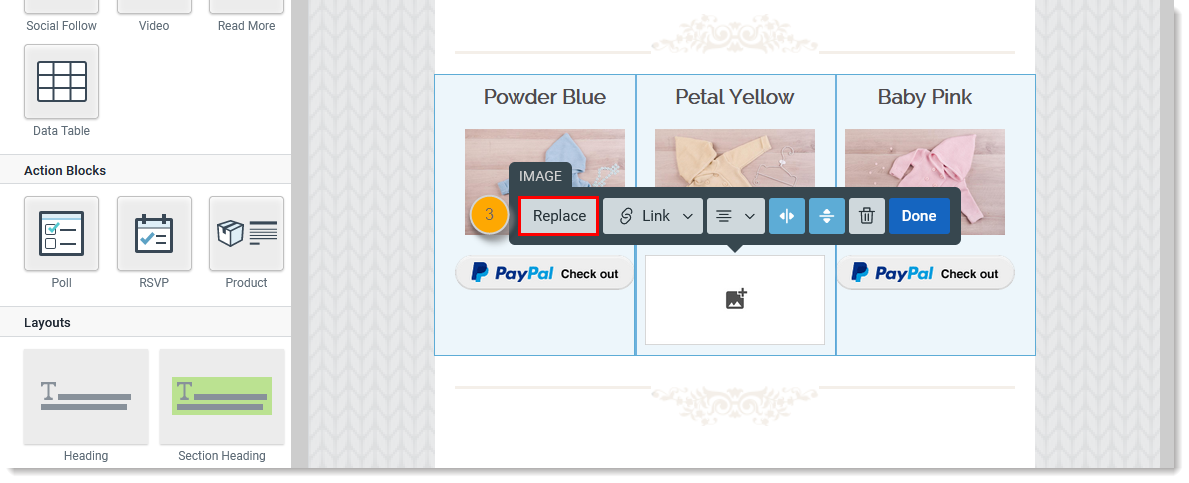 Onglet Build (Créer) de l’éditeur d’e-mails, image dans le modèle et barre d’outils d’image avec bouton de remplacement