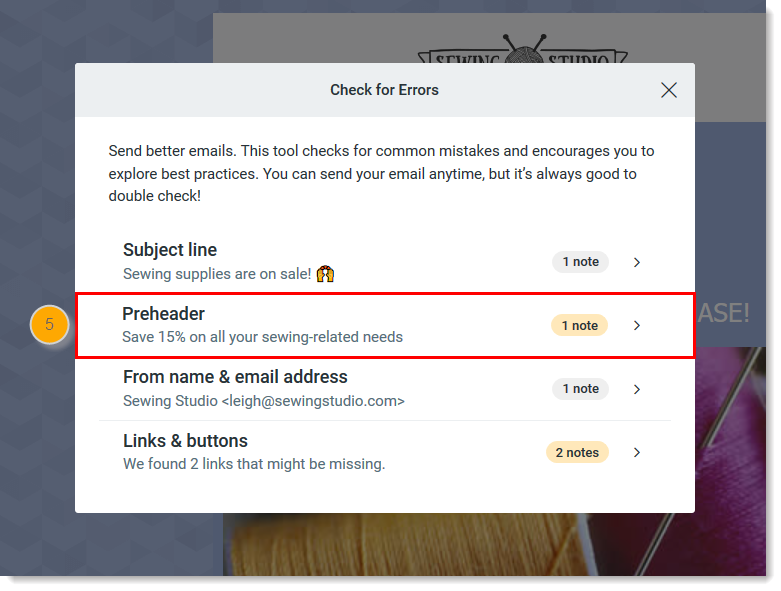 Email Assistant with Preheader notes selected