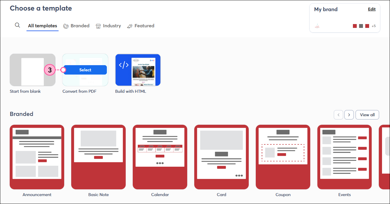 Wählen Sie ein Vorlagen-Overlay mit dem Tab „All templates“ (Alle Vorlagen) und die „Option Convert from PDF“ (Aus PDF konvertieren) mit der Schaltfläche „Select“ (Auswählen).