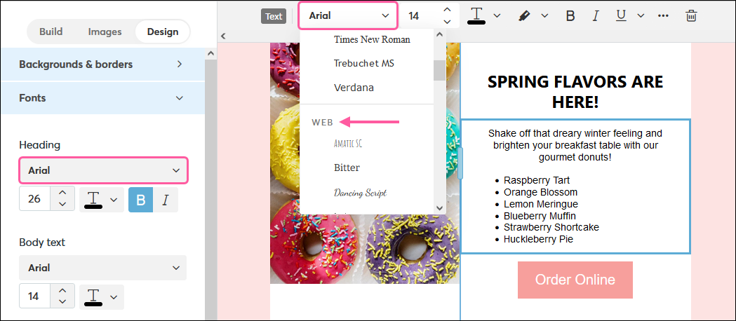 Email editor with Design tab and font options, and Text toolbar with Font Style drop-down menu expanded