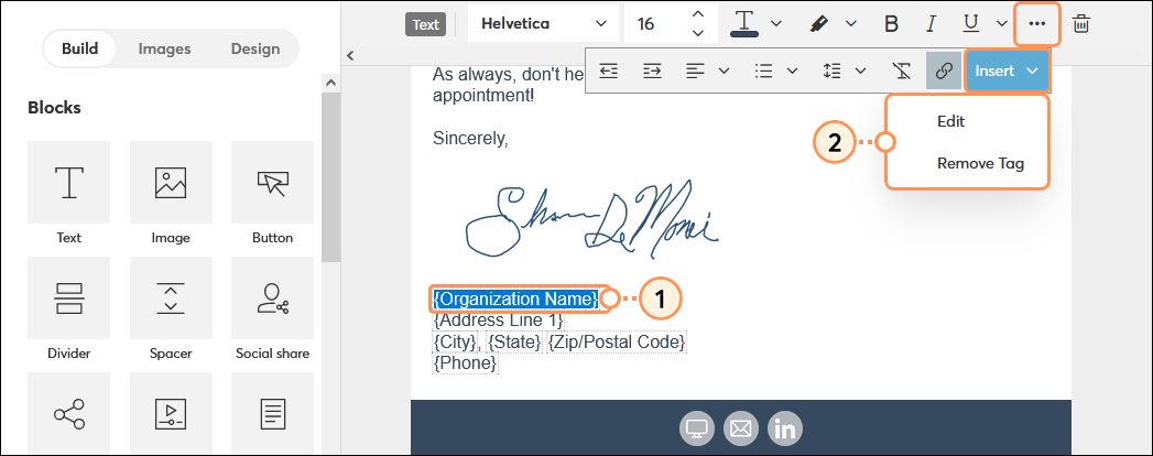 Barra de herramientas de texto y detalles de la cuenta con menú desplegable para insertar expandido y la opción Editar (Editar) seleccionada
