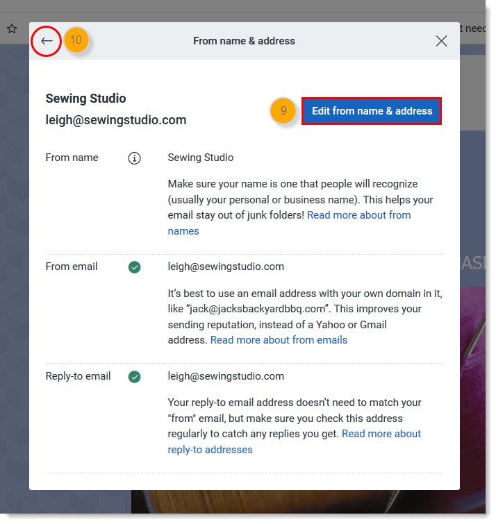 From Name and Email Address notes with Edit button and Back arrow