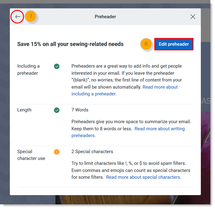 Preheader notes with Edit Preheader button and Back arrow