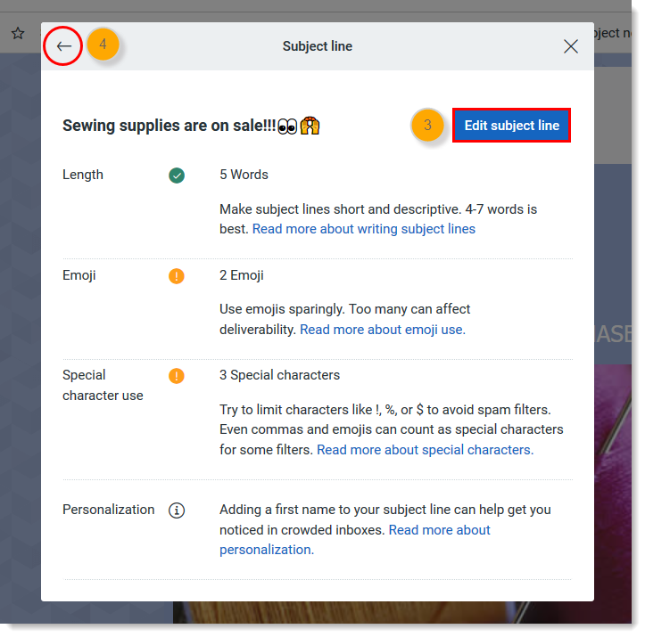 Subject Line notes with Edit Subject Line button and Back arrow