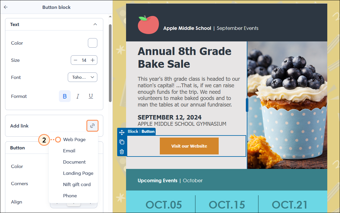 Button toolbar, link drop-down menu, and Web Page option