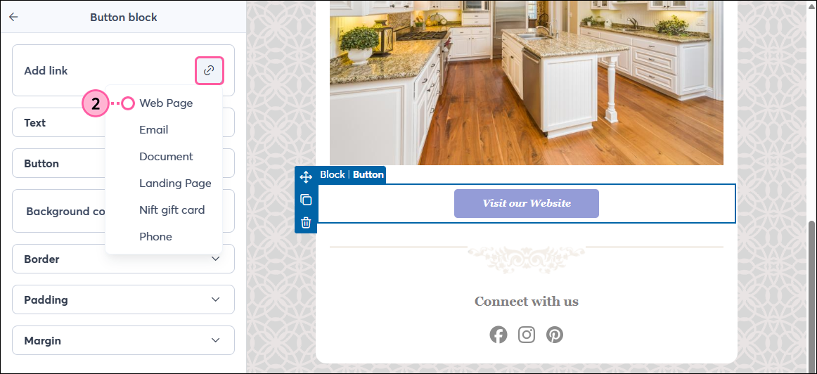 Email editor button with Customize Button panel expanded, Link drop-down menu expanded and Web Page option selected