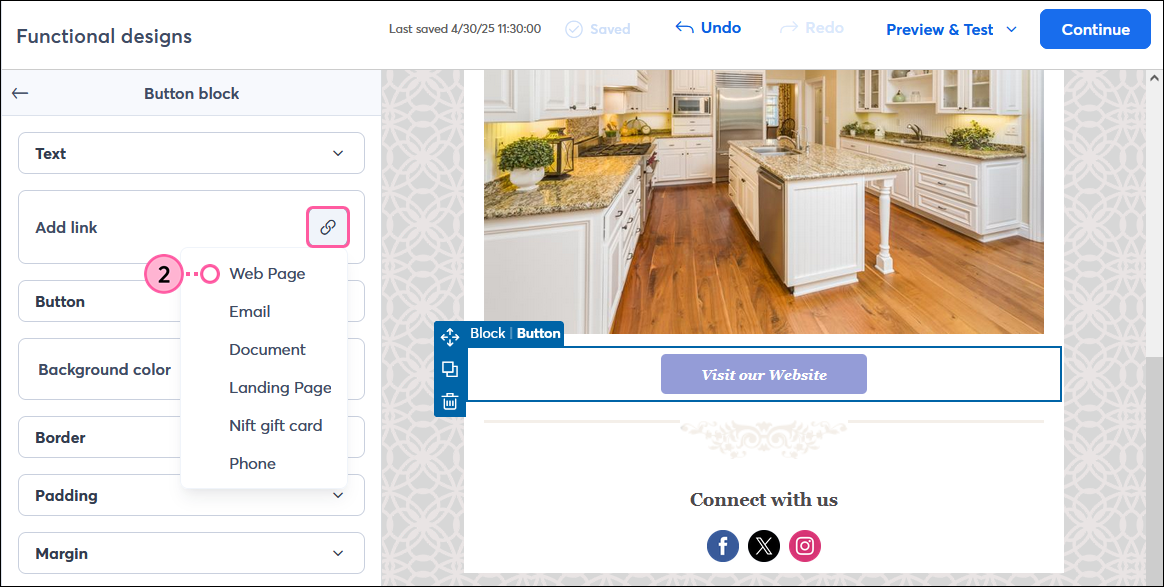 Email editor button with Customize Button panel expanded, Link drop-down menu expanded and Web Page option selected