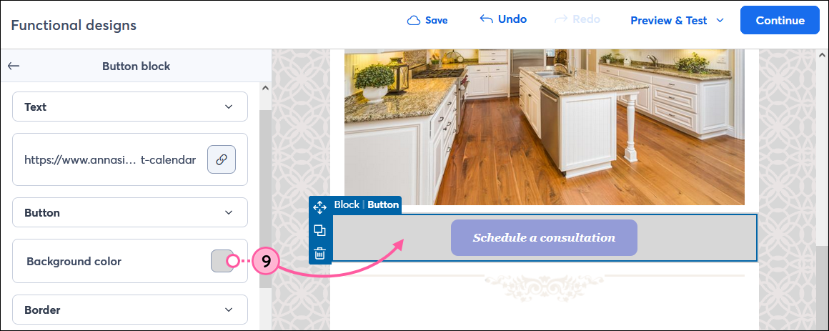 Email editor button with Button block panel expanded and Background Color option