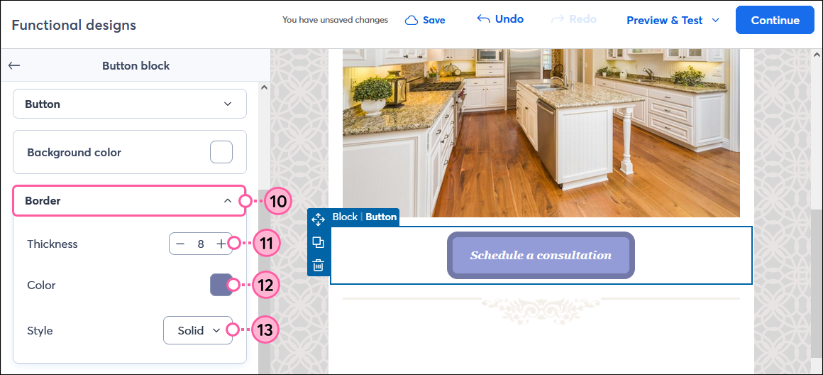 Email editor button with Button block panel expanded and Border customization options