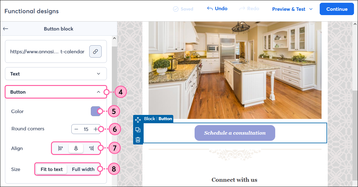 Email editor button with Button block panel expanded and Button customization options