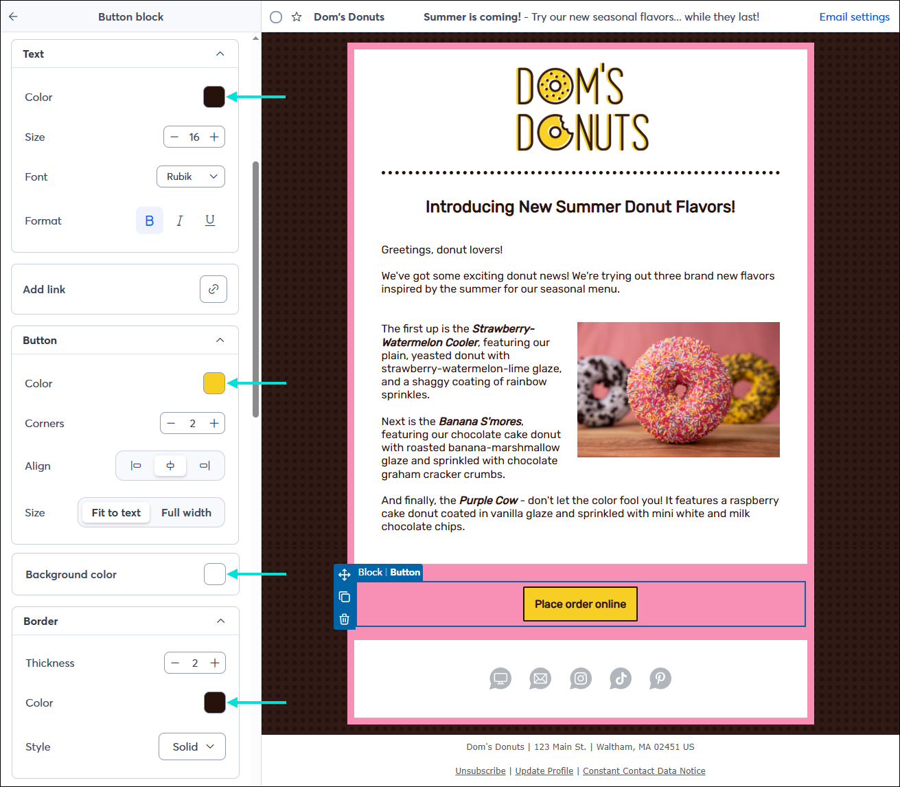 Email editor with Button block selected, Button toolbar expanded with button text color palette, and Customize button menu expanded with Button color and Apply border color options