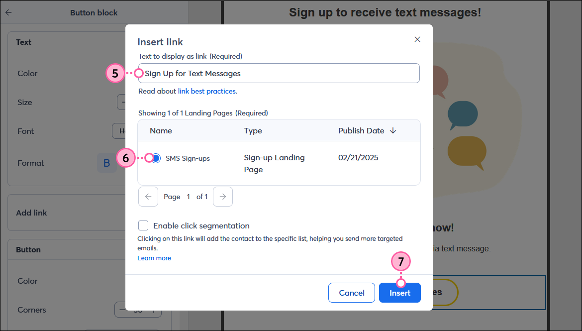 Insert Link overlay with Text to display as link field, landing page options and SMS-enabled landing page selected, and Insert button
