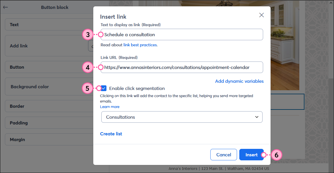 Email editor with Insert Link overlay with Text to display as link field, Link URL field, and Insert button