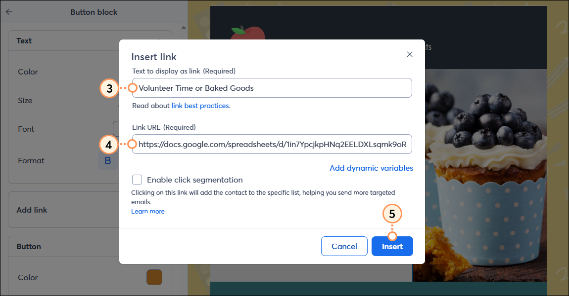 Insert Link overlay, Text to display as link field, Link URL field, and Insert button