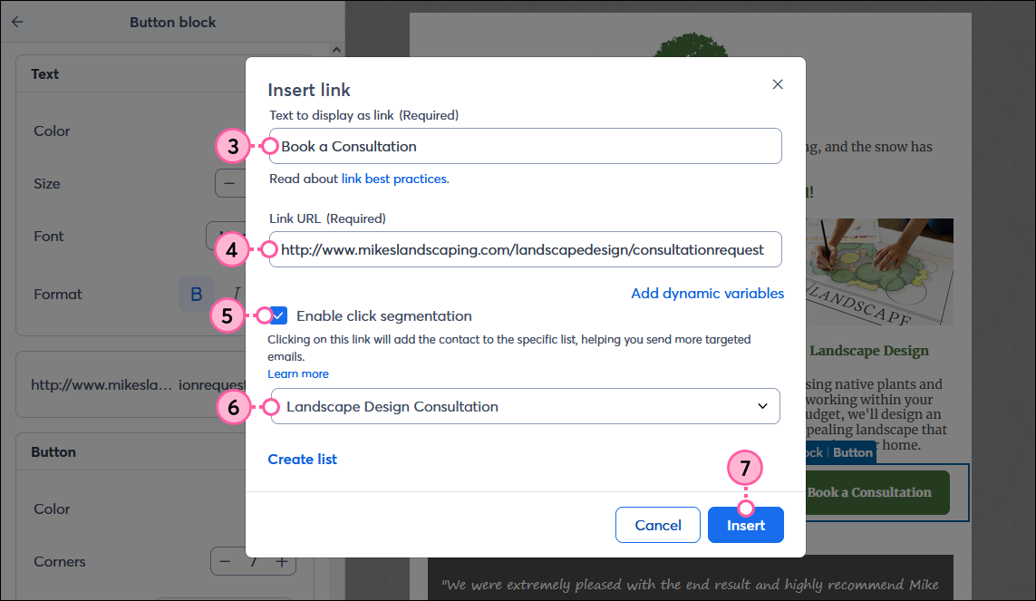Link URL Field, Enable Click Segmentation Option, List Selection Drop-down Menu, and Insert Button