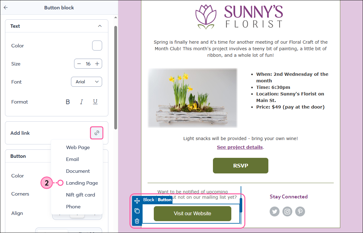 Link Drop-down Menu and Landing Page Option