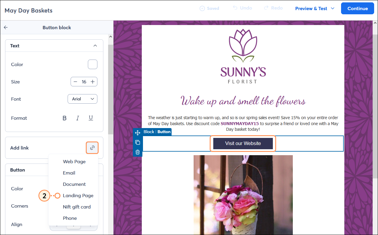 Button Toolbar, Link Menu Expanded, and Landing Page Option