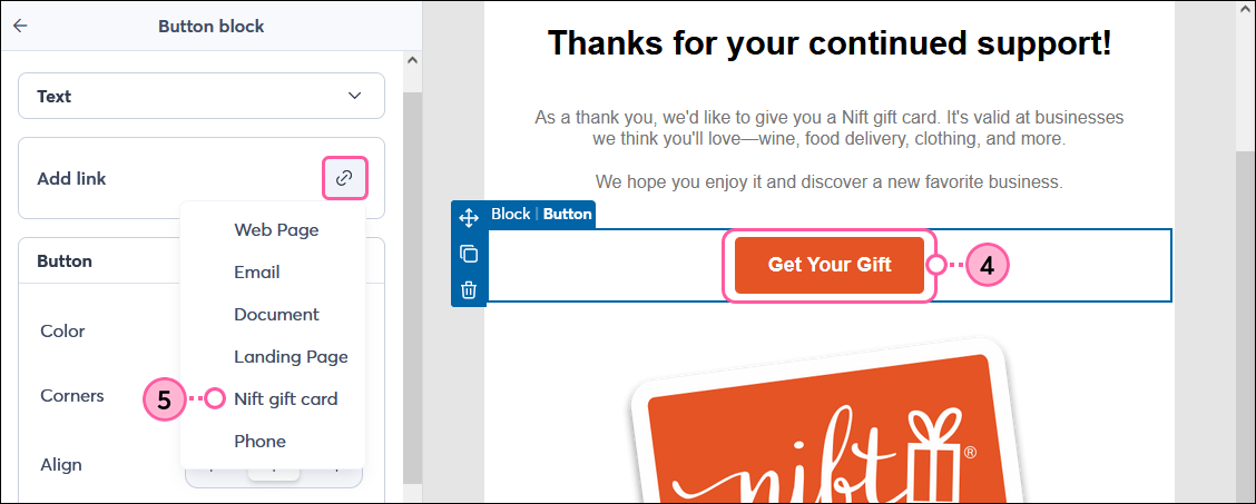 Nift Template Button Block Link Drop-down and Nift Gift Card option