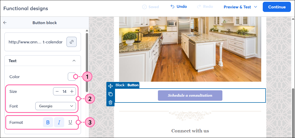 Email editor, button selected, and Button block text customization options