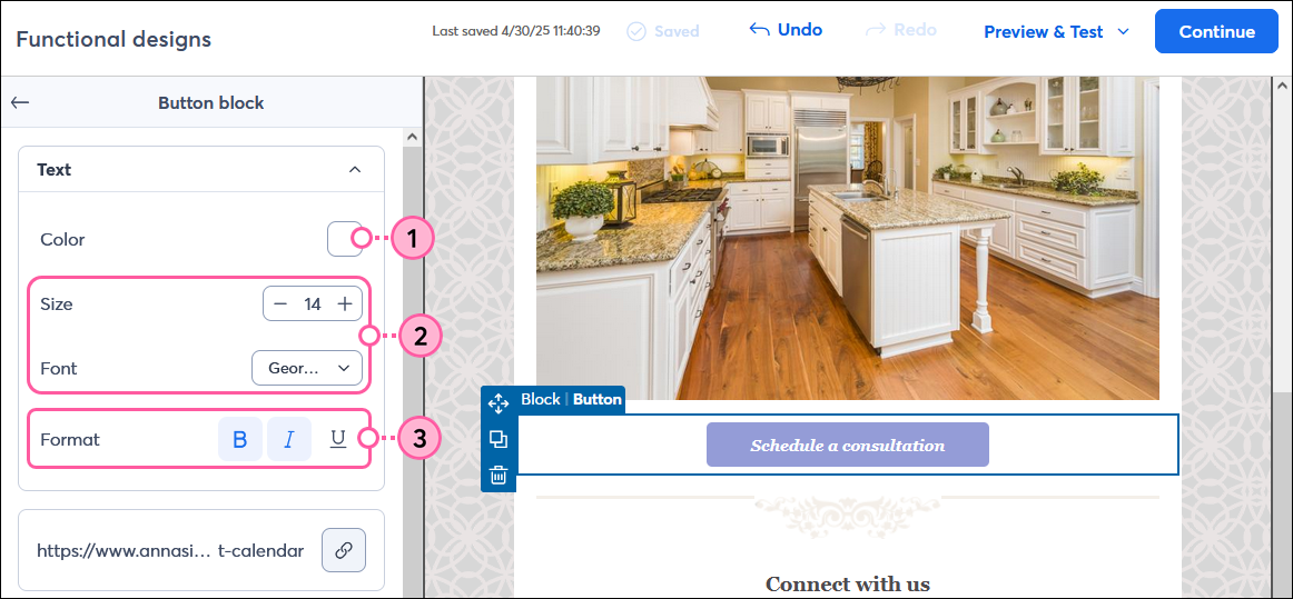 Email editor, button selected, and Button block text customization options