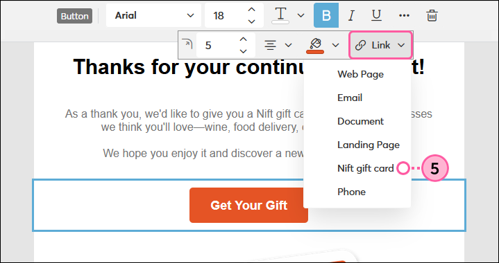 Nift Template Button Block Link Drop-down and Nift Gift Card option