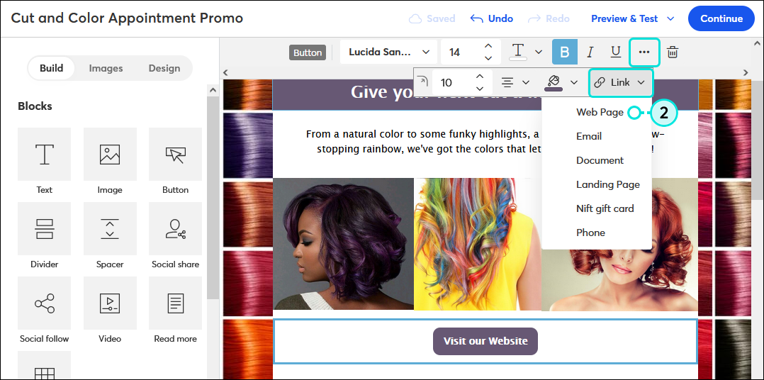 Email editor Build tab, button in email template with Button toolbar expanded, Link drop-down menu expanded and Web Page option selected