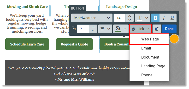 Menu déroulant Link (Lien) et option de page web