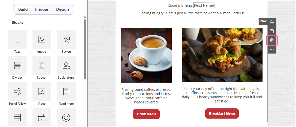 Layout menu expanded, gear icon selected, and trash can icon