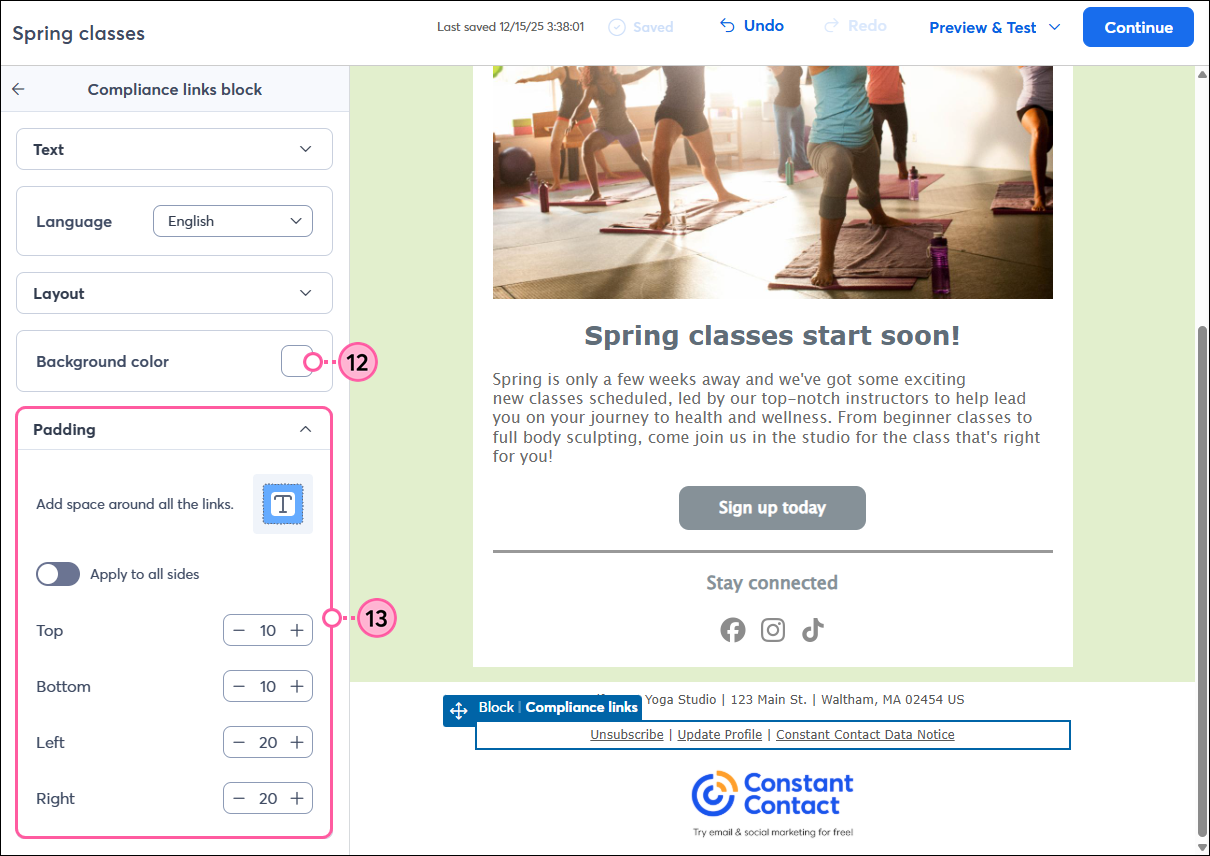 Email footer, Compliance Links panel, Background Color, and Padding options