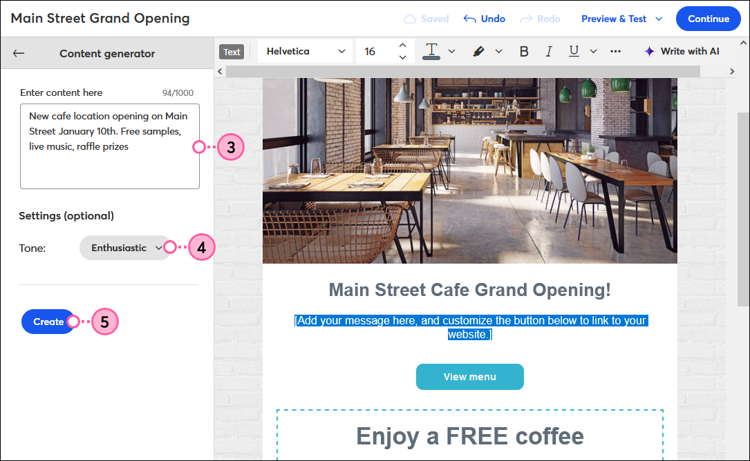 Content Assistant panel with description field, Tone drop-down, Length drop-down, and Create button