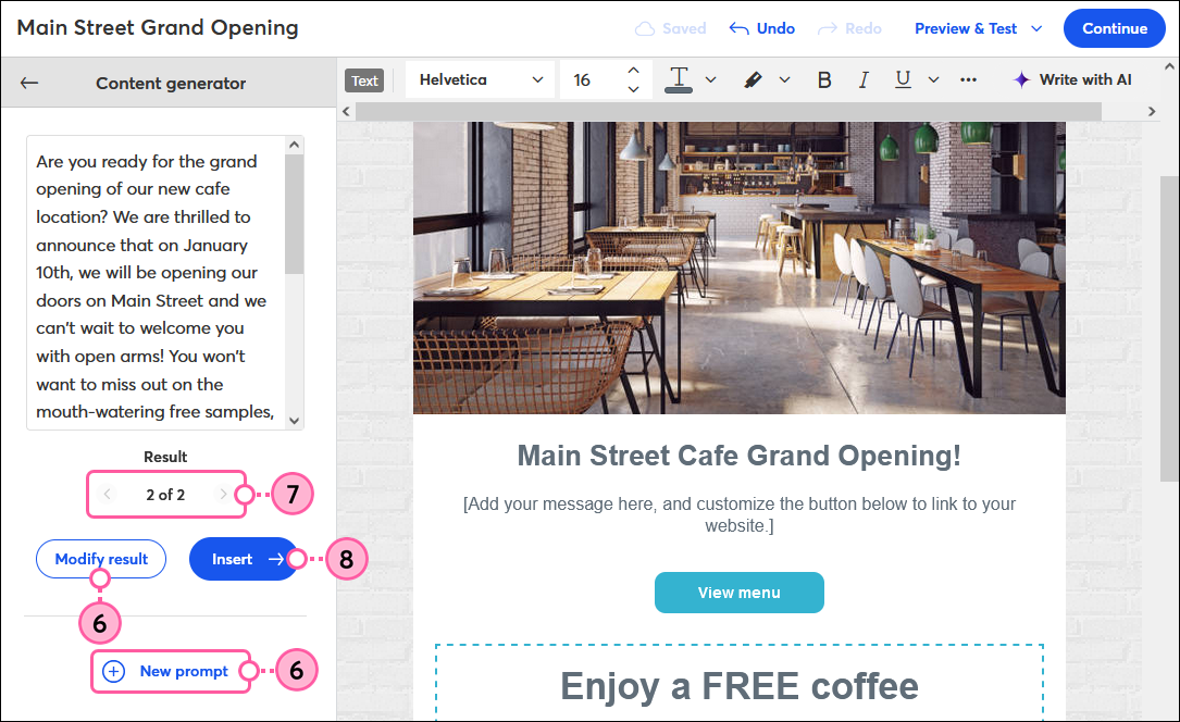 Content Assistant panel with generated content, Modify This Result link, Back button, Option arrows, and Insert Text button