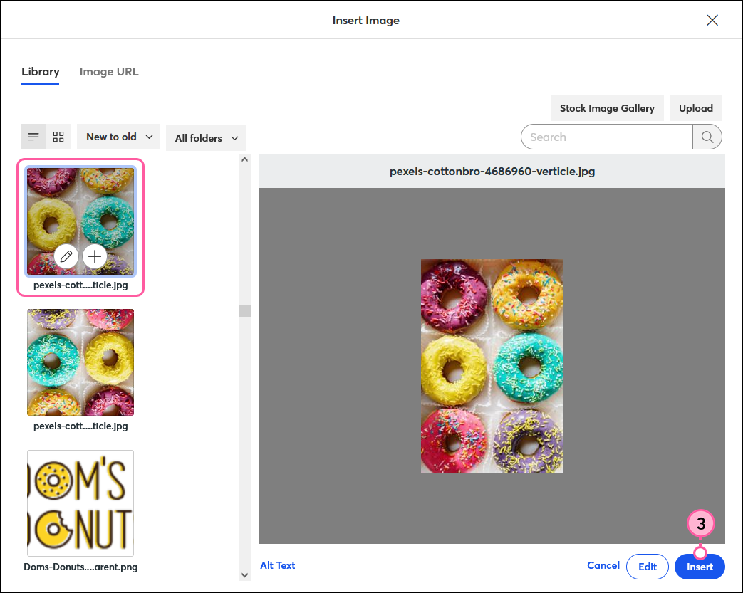 Insert Image overlay, Library tab selected, background image selected, and Insert button