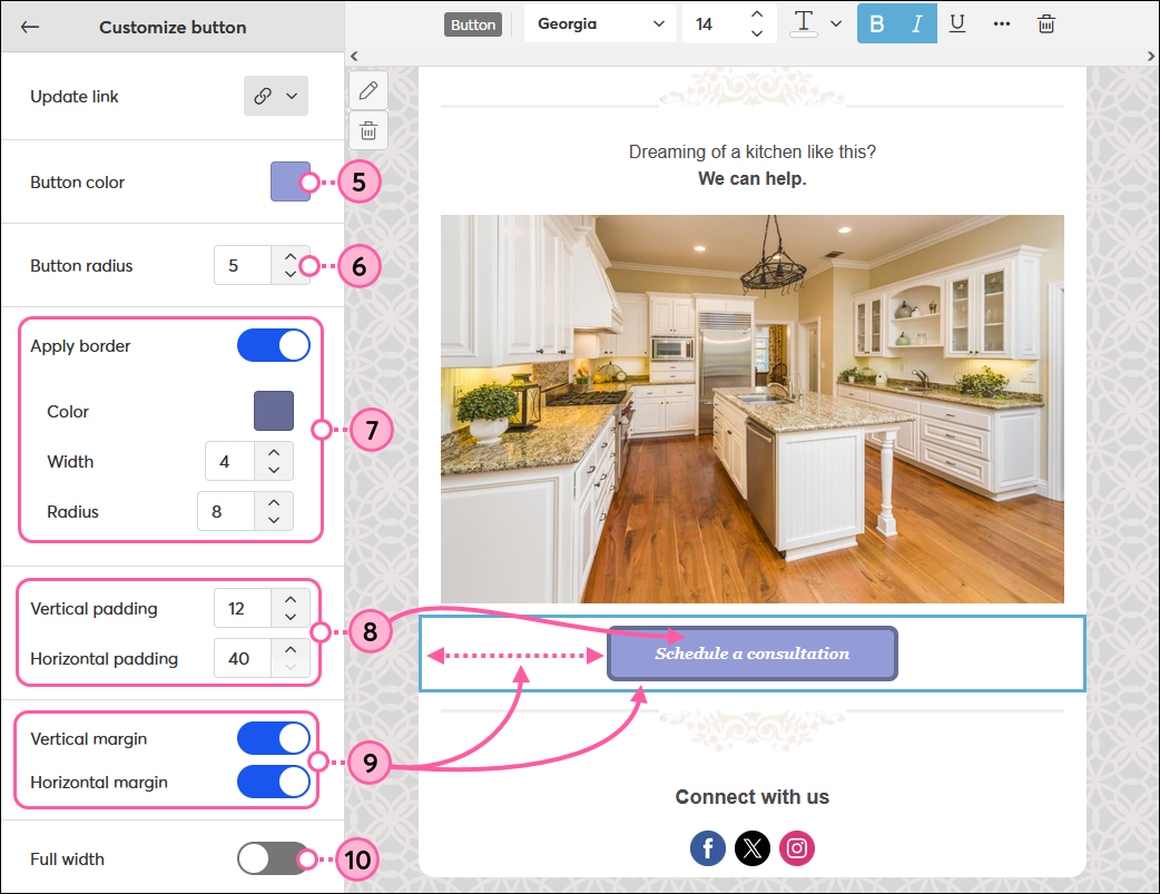 Botón del editor de correo electrónico con el panel Customize Button (Personalizar botón) ampliado y opciones de personalización