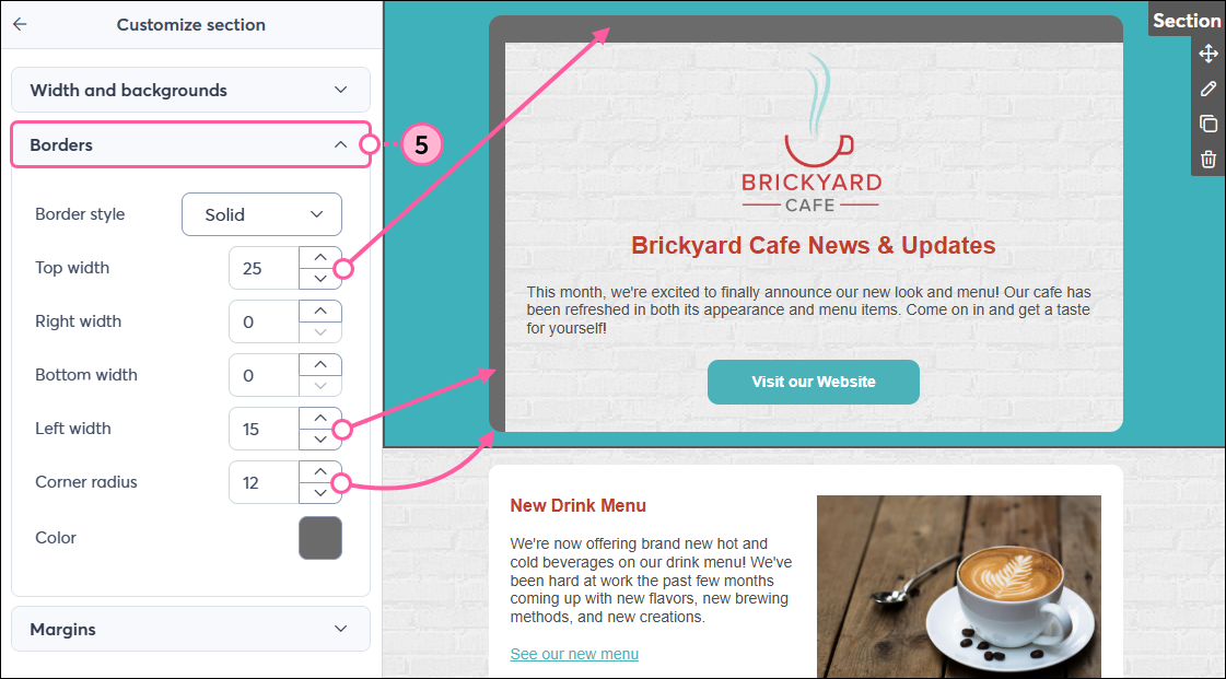 Email editor with Customize Section panel and Borders section expanded